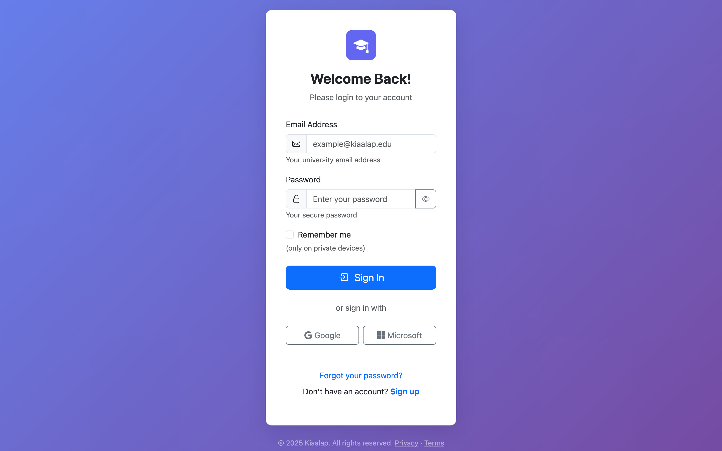 Kiaalap Login page